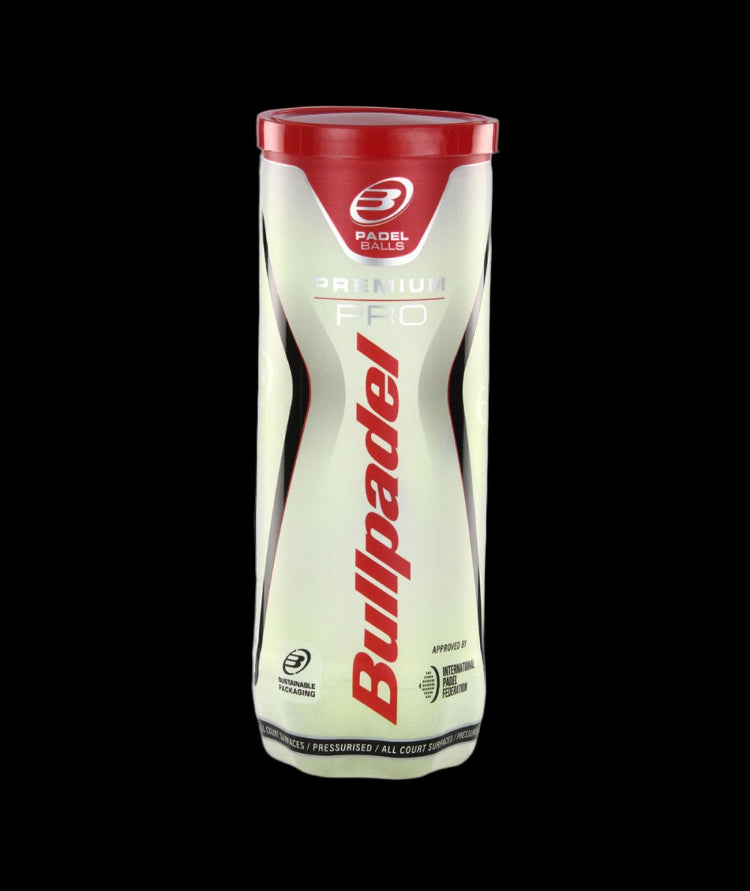 One single can of Bullpadel Premium Pro padel tennis balls, 3 balls in total. front view of one can