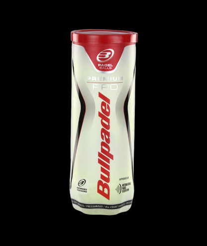 One single can of Bullpadel Premium Pro padel tennis balls, 3 balls in total. front view of one can