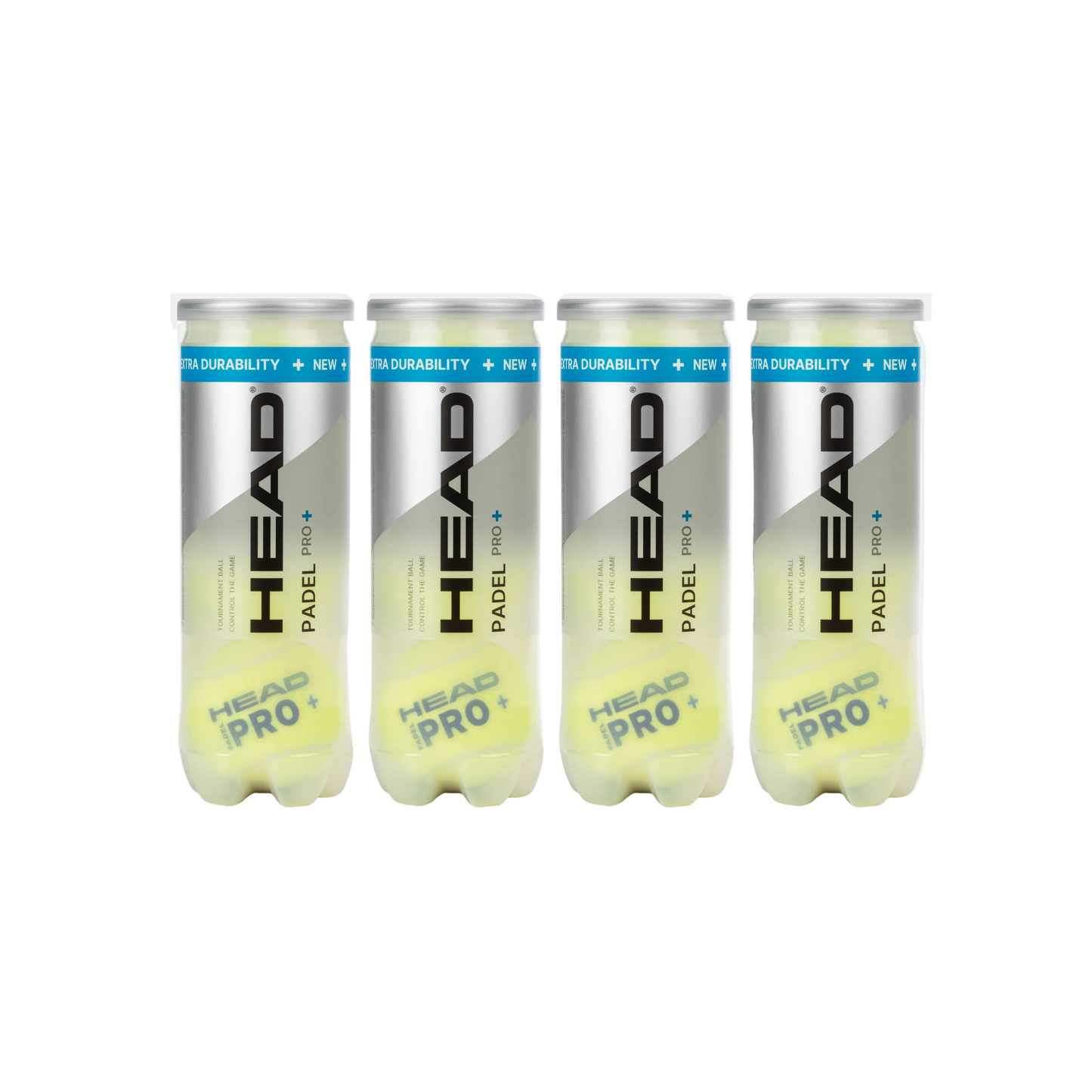 Four cans of HEAD Pro+ padel tennis control balls, twelve balls in total. front view