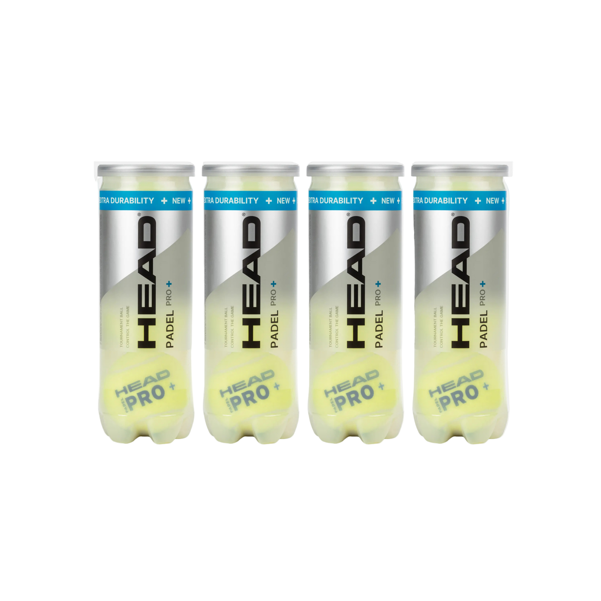 Four cans of HEAD Pro+ padel tennis control balls, twelve balls in total. front view