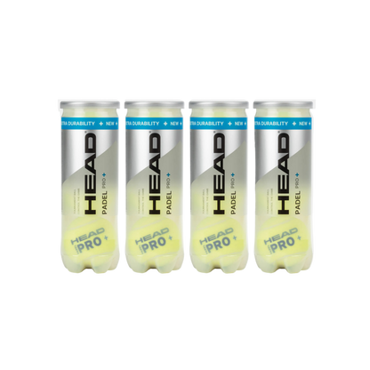 Four cans of HEAD Pro+ padel tennis control balls, twelve balls in total. front view