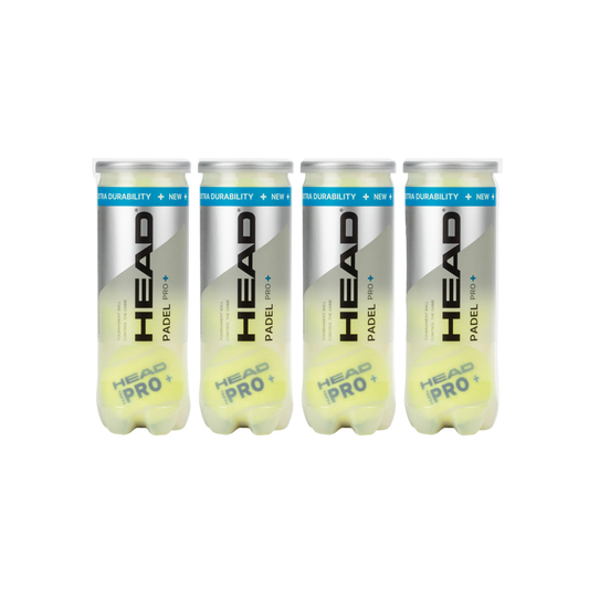 Four cans of HEAD Pro+ padel tennis control balls, twelve balls in total. front view