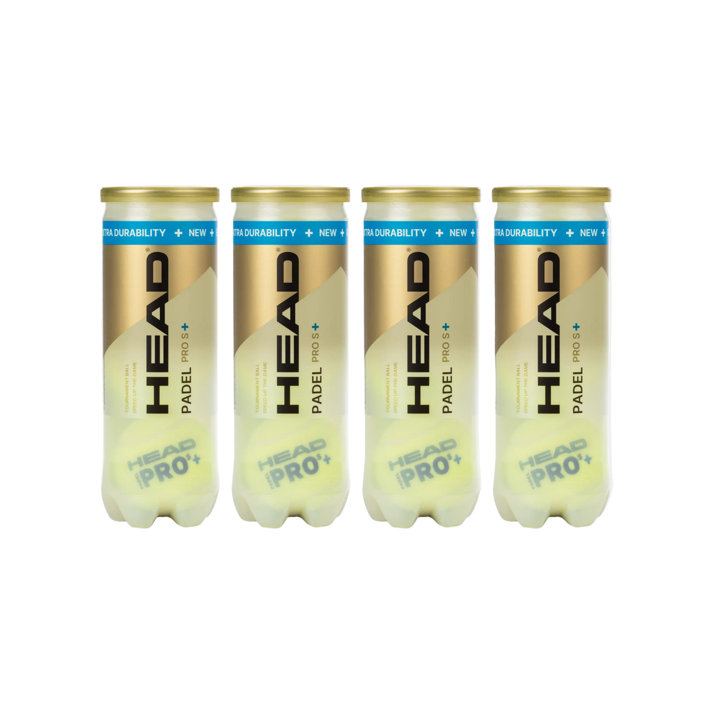 Four cans of HEAD Pro S+ padel tennis speed balls, 12 balls in total. front image