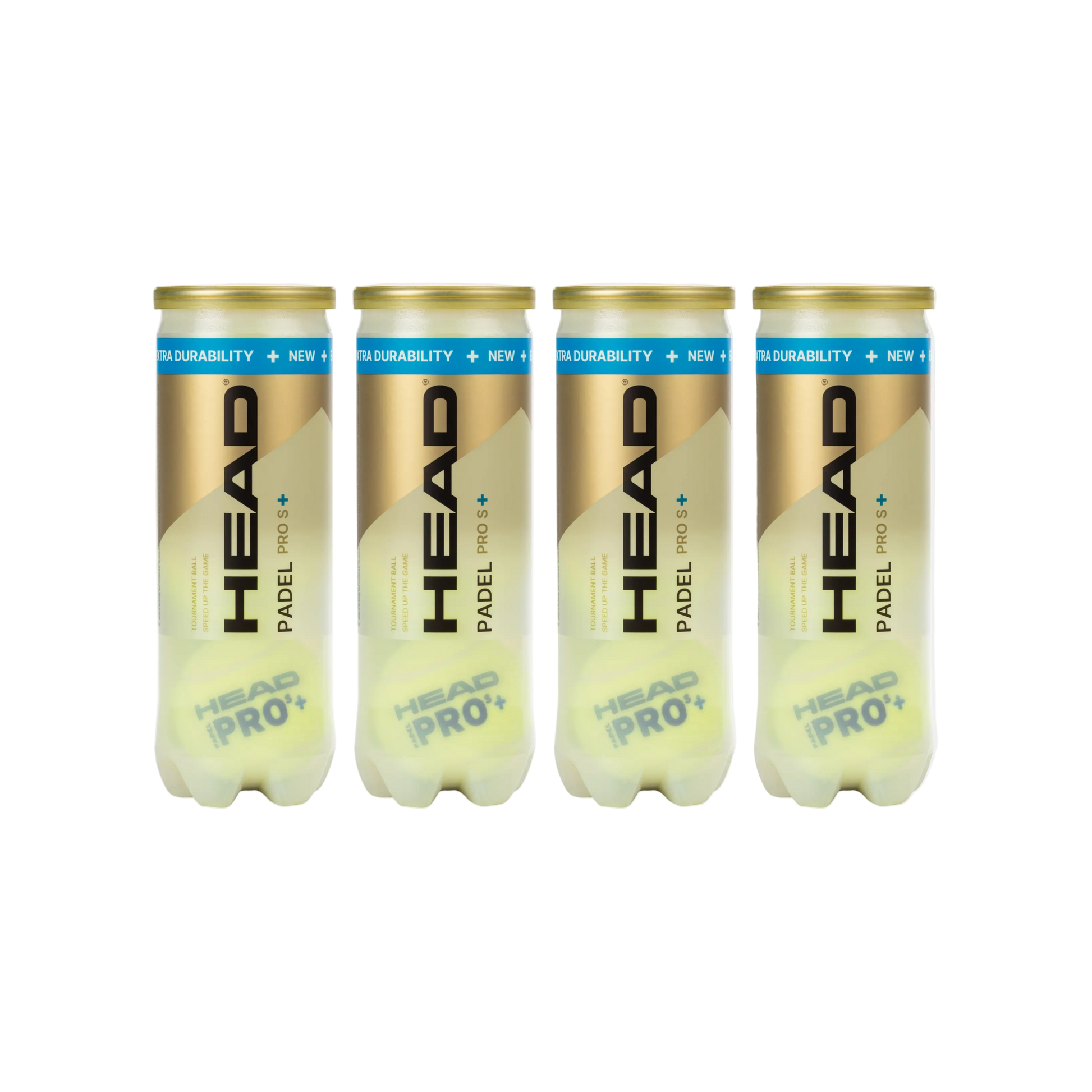 Four cans of HEAD Pro S+ padel tennis speed balls, 12 balls in total. front image