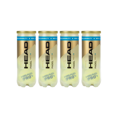 Four cans of HEAD Pro S+ padel tennis speed balls, 12 balls in total. front image