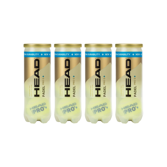 Four cans of HEAD Pro S+ padel tennis speed balls, 12 balls in total. front image
