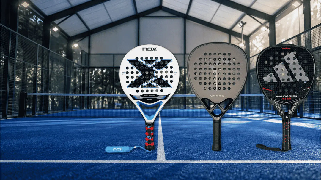 Round, teardrop and diamond padel rackets on an indoor padel court