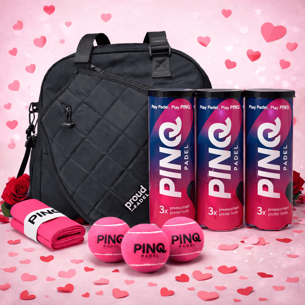 Valentines padel gift bundle with PINQ pink padel balls, pink overgrips and Proud Padel tote bag, perfect for female players