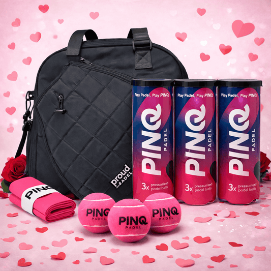Valentines padel gift bundle with PINQ pink padel balls, pink overgrips and Proud Padel tote bag, perfect for female players