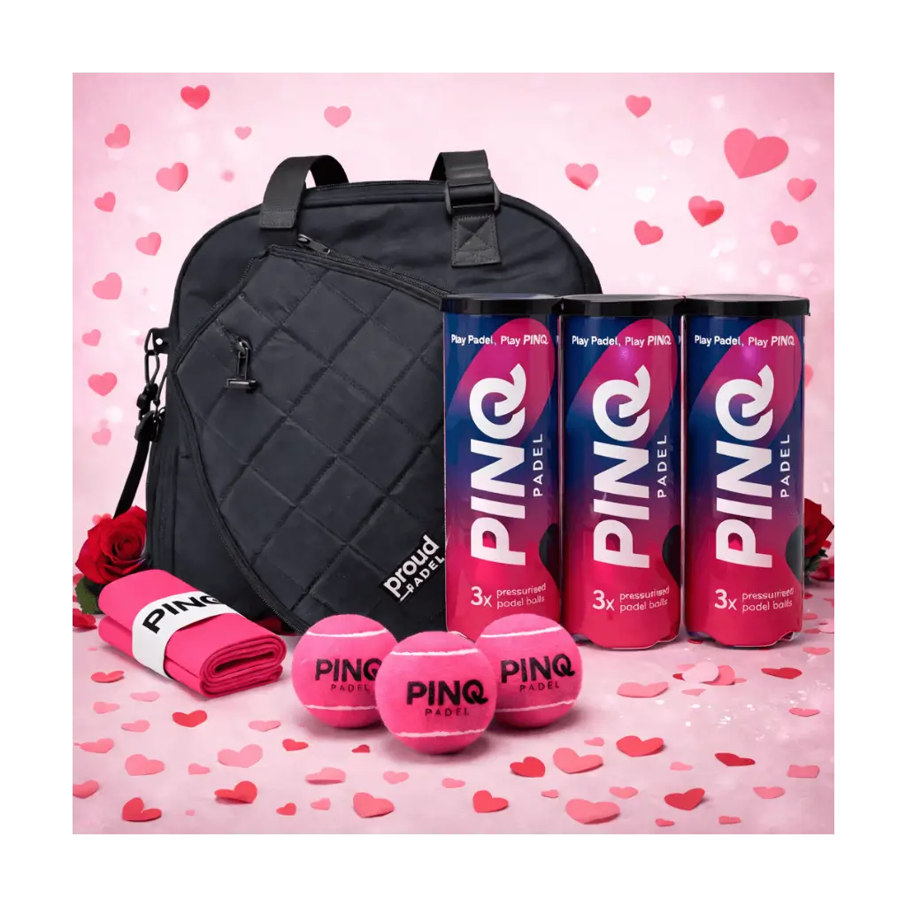 Valentines padel gift bundle with PINQ pink padel balls, pink overgrips and Proud Padel tote bag, perfect for female players