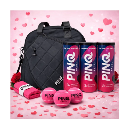 Valentines padel gift bundle with PINQ pink padel balls, pink overgrips and Proud Padel tote bag, perfect for female players