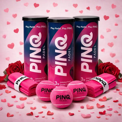 Valentines padel gift bundle with PINQ pink padel balls and pink overgrips, perfect for female players.