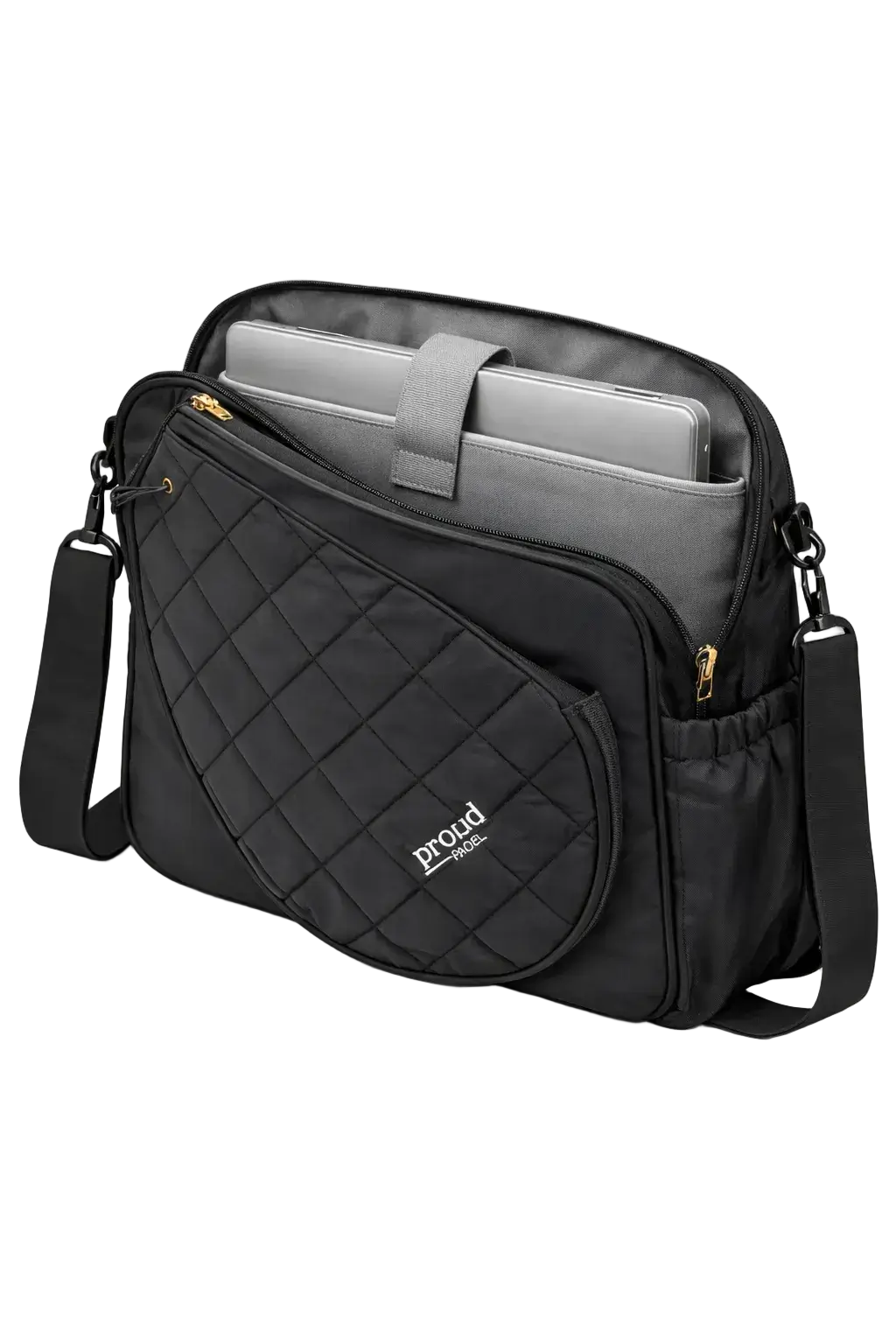 Proud padel bag tote showing 16 inch laptop inside and well as place for padel racket.