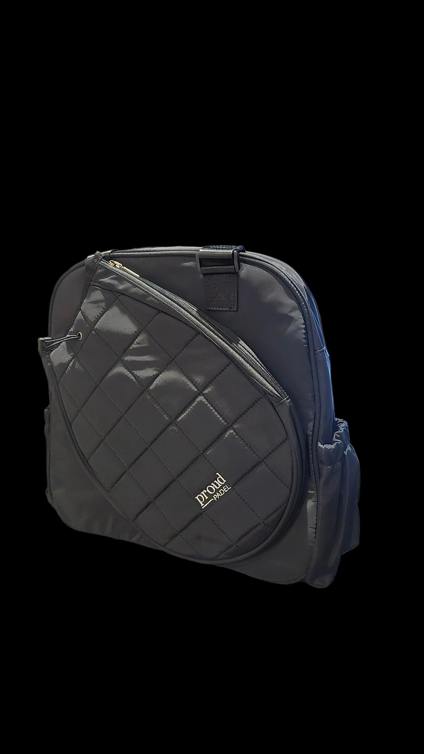 Side angle view of the proud padel tote bag which can fit a 16 inch laptop.