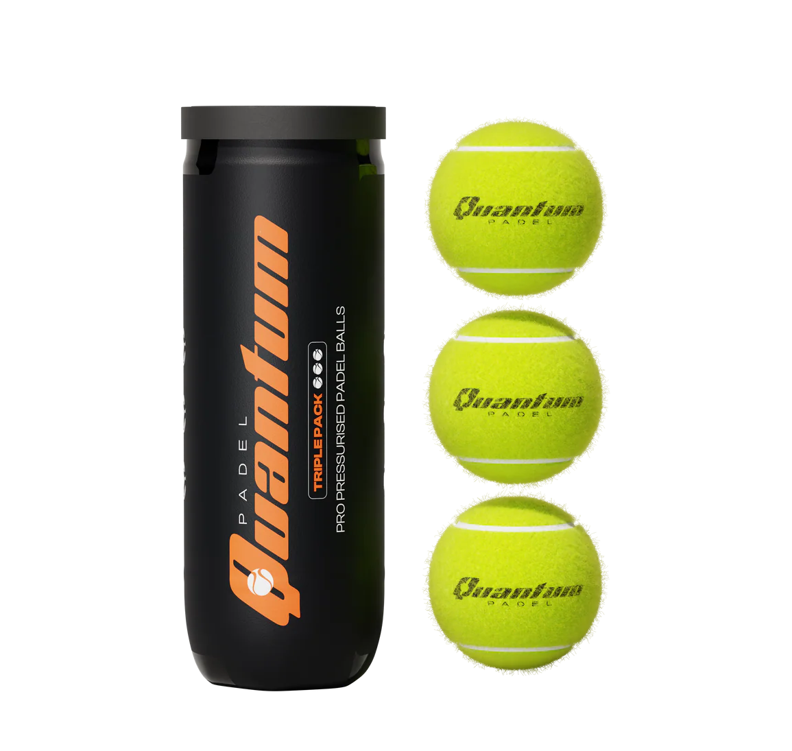 Three Quantum Pro padel balls displayed beside pressurised tube for match play