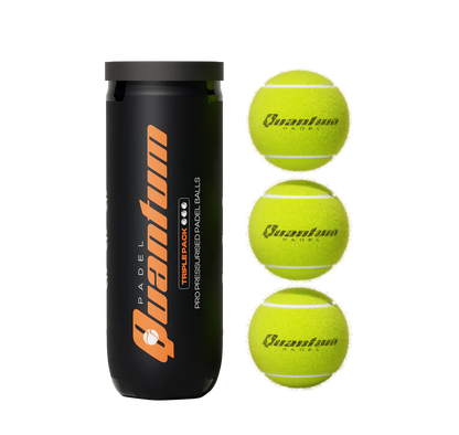 Three Quantum Pro padel balls displayed beside pressurised tube for match play