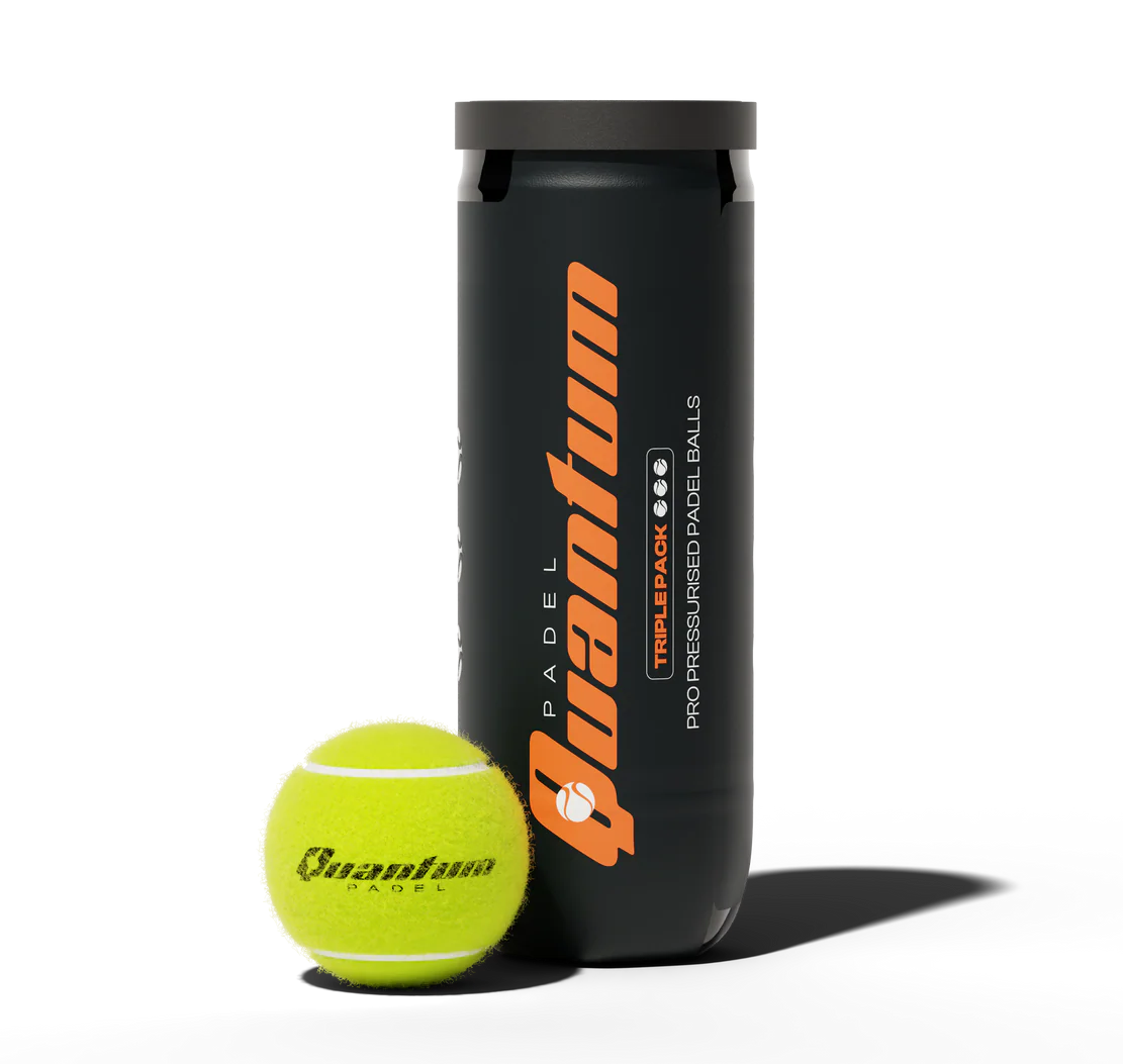 Quantum Pro padel balls tube with single ball displayed against dark background