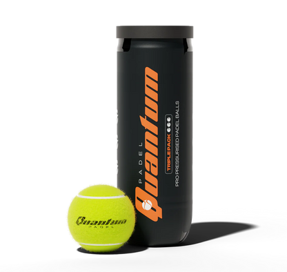 Quantum Pro padel balls tube with single ball displayed against dark background