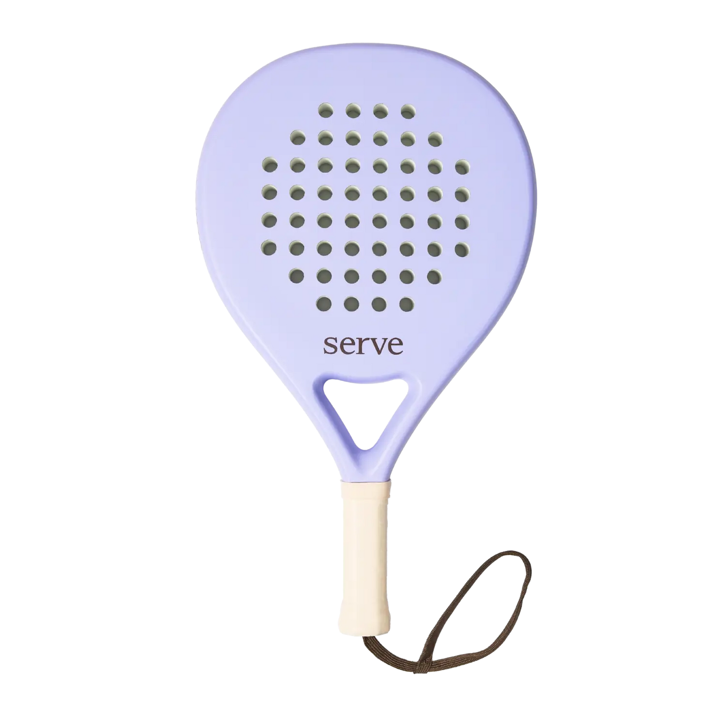 Serve womens padel racket front view with purple face and round head shape, designed for women players