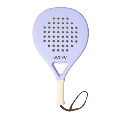 Serve womens padel racket front view with purple face and round head shape, designed for women players