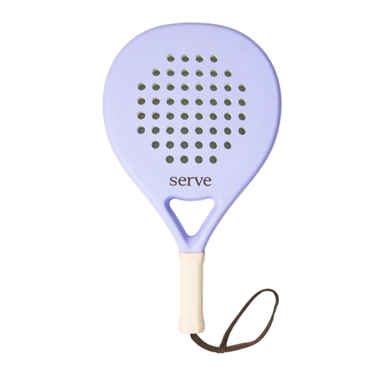 Serve womens padel racket front view with purple face and round head shape, designed for women players
