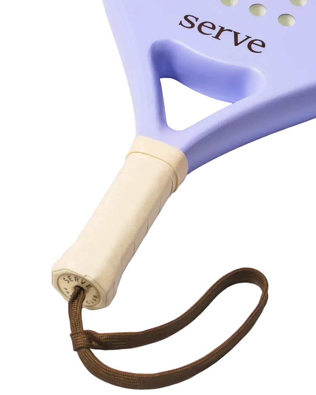 Serve womens padel racket handle close up showing grip and wrist strap, designed for women players