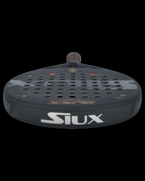 Siux black carbon revolution 3k padel racket low angle view showing full hitting surface.