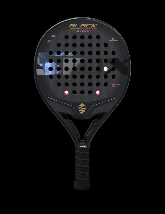 siux black carbon revolution 3k padel racket front view showing siux logo and round shape designed