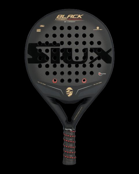 siux black carbon revolution 3k padel racket front view showing siux logo and round shape designed
