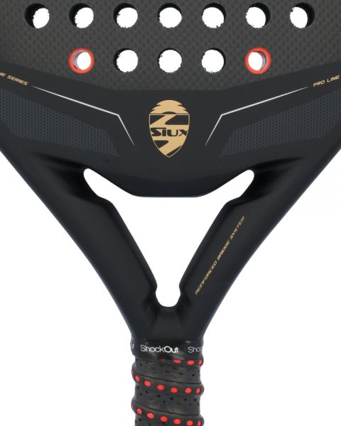 Siux black carbon revolution 3k padel racket close up of the bridge and siux logo detailing.