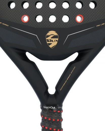 Siux black carbon revolution 3k padel racket close up of the bridge and siux logo detailing.