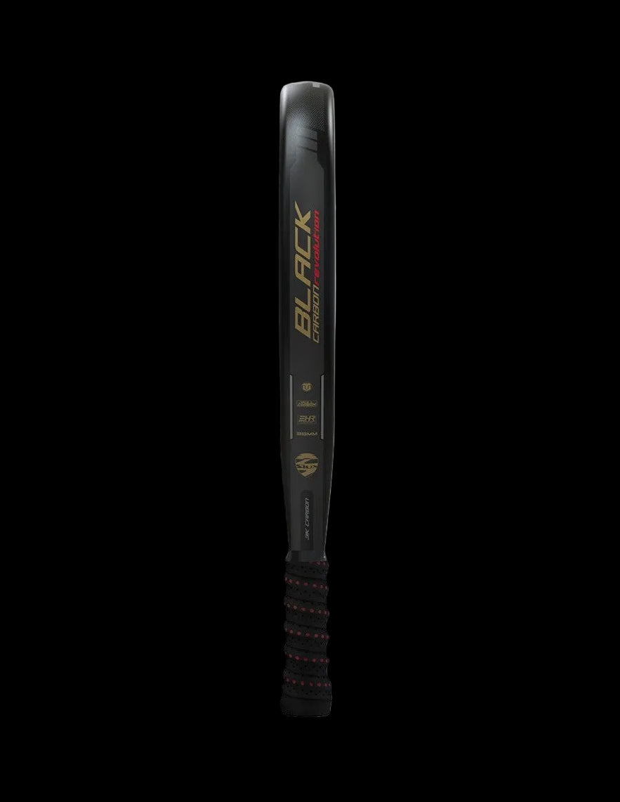 Siux black carbon revolution 3k padel racket side profile close view showing black carbon frame.