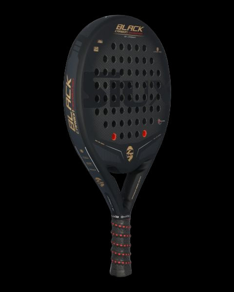 Siux black carbon revolution 3k padel racket angled view showing hole pattern and carbon finish designed.
