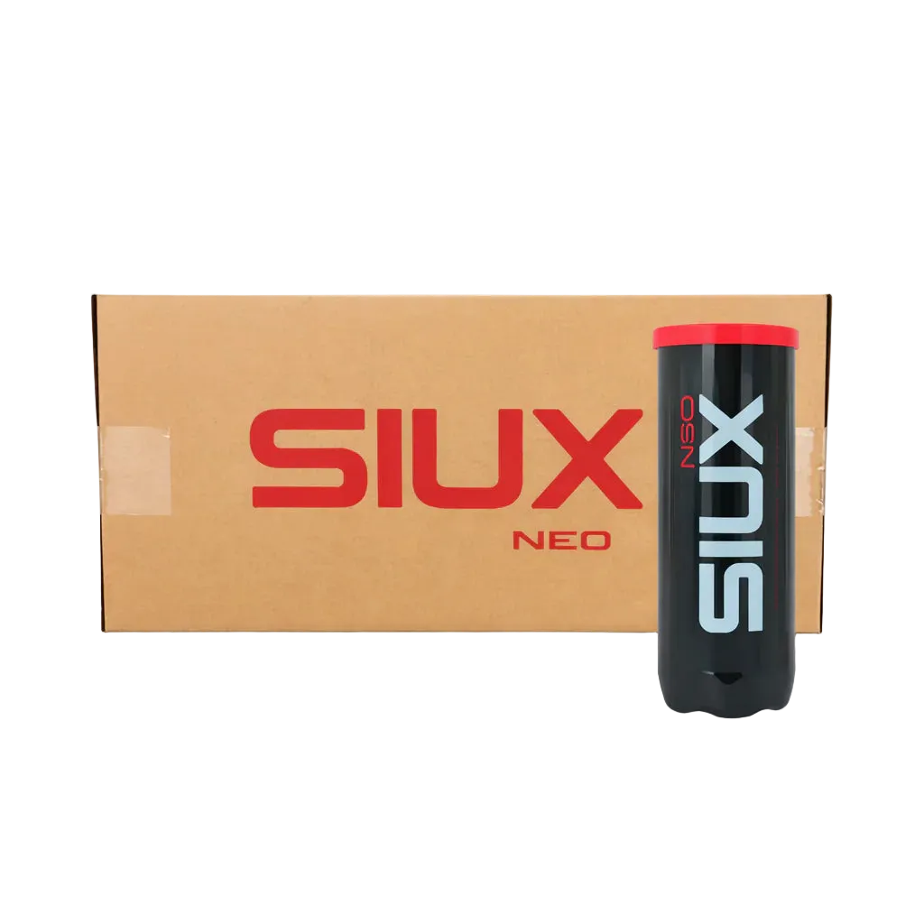 Tube of Siux Neo padel balls with red lid. Box of 24 tubes, 72 balls with SIUX NEO branding. 
