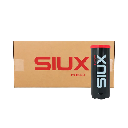 Tube of Siux Neo padel balls with red lid. Box of 24 tubes, 72 balls with SIUX NEO branding. 