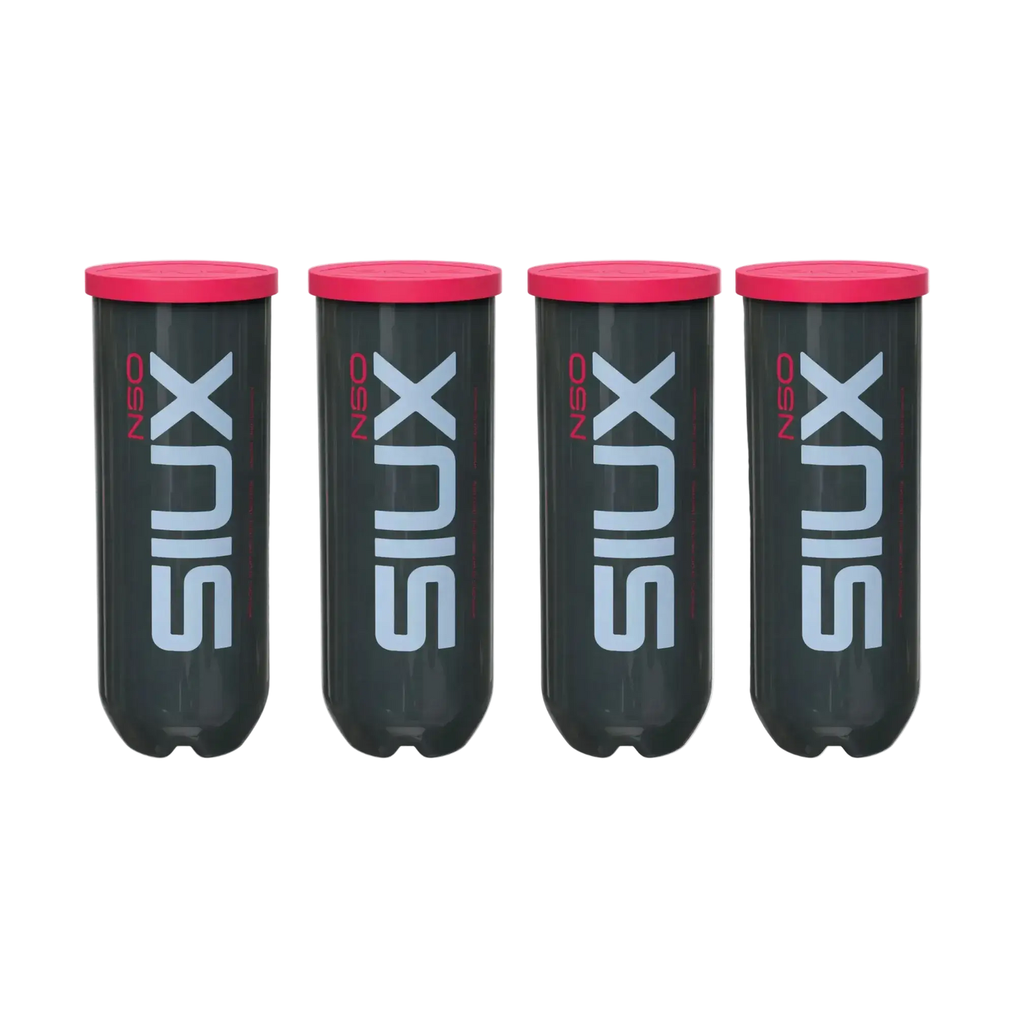4 Tubes of Siux Neo padel balls with red lid. 4 tubes 12 balls in total with SIUX NEO branding. 