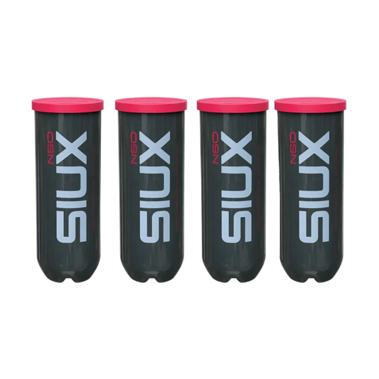 4 Tubes of Siux Neo padel balls with red lid. 4 tubes 12 balls in total with SIUX NEO branding. 