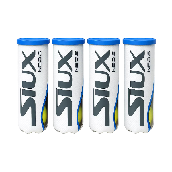 Siux neo speed padel balls 4 tubes with blue lid and siux branding. 