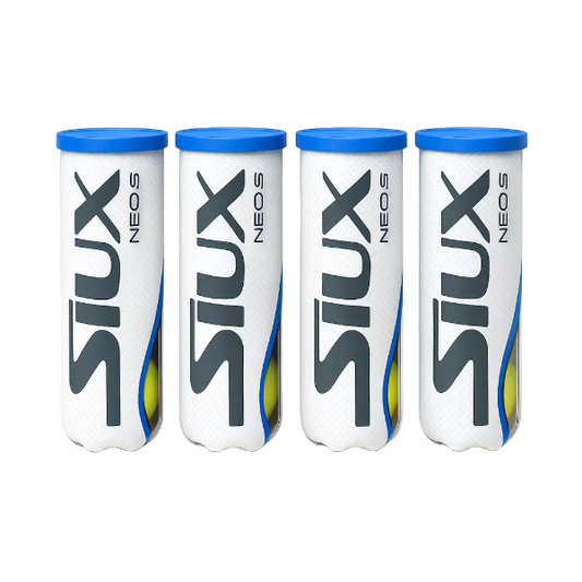 Siux neo speed padel balls 4 tubes with blue lid and siux branding. 