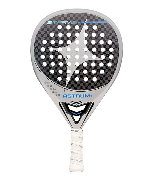 Front view of the Star Vie Astrum + padel racket featuring a textured black carbon surface with a white star bridge and white frame
