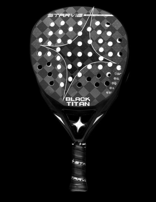 Front view of the Star Vie Black Titan 26 padel racket with a black carbon face and white star detailing, designed for advanced players