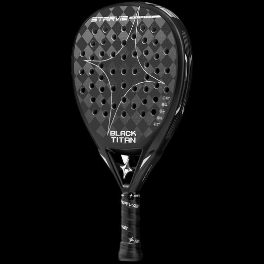 Side angle view of the Star Vie Black Titan 26 padel racket with black carbon face and white star graphics, designed for advanced players