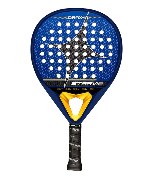Front view of the Star Vie Drax + padel racket featuring a blue textured surface, black carbon star pattern and yellow bridge detail