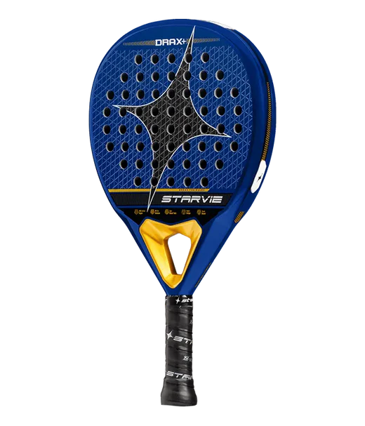 Side angle view of the Star Vie Drax + padel racket showing its blue textured surface, carbon star pattern and yellow triangular bridge section