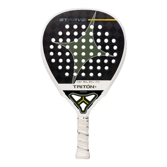 Front view of the Star Vie Triton Balance + padel racket with black face and green star design, designed for advanced players