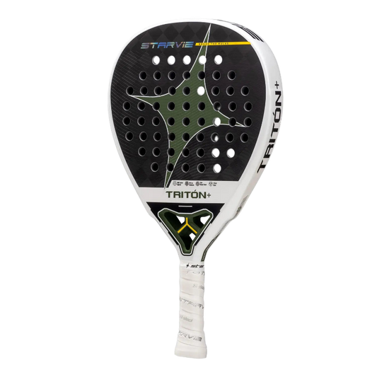 Side angle view of the Star Vie Triton Balance + padel racket with black face and green star design, designed for advanced players