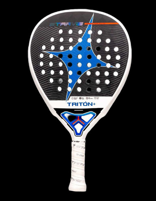 Front view of the Star Vie Triton Power padel racket with a white frame and blue star design, designed for advanced players.