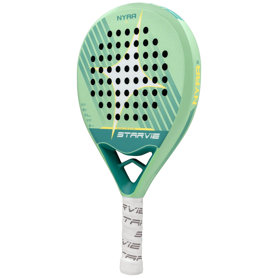 StarVie Nyra 2026 padel racket angled front view highlighting balance and control focused shape, designed for beginner players