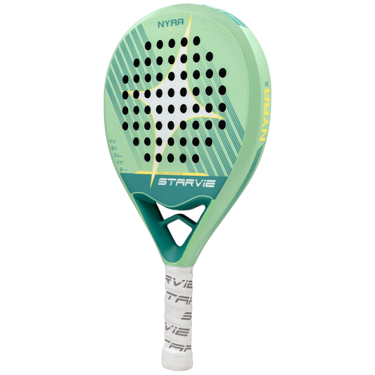 StarVie Nyra 2026 padel racket angled front view highlighting balance and control focused shape, designed for beginner players