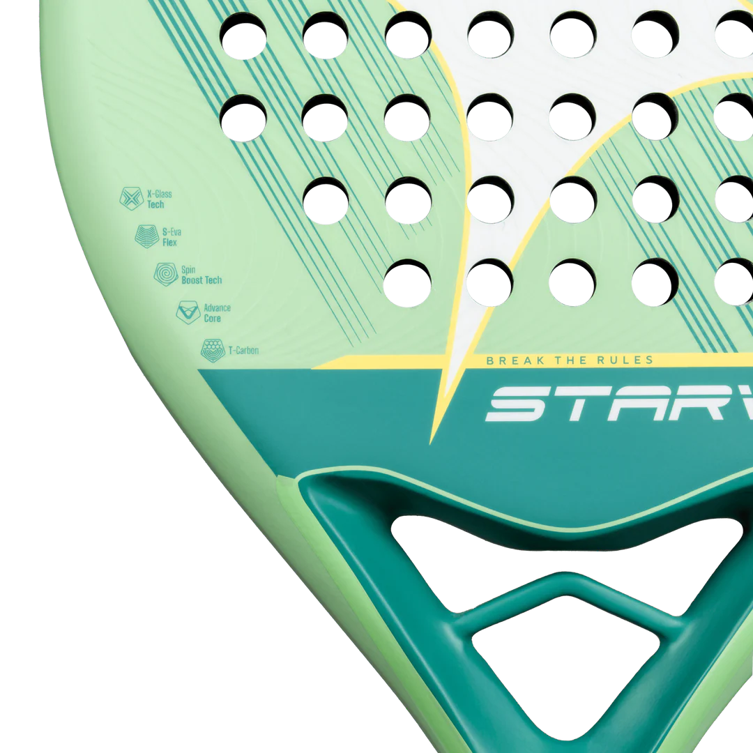 StarVie Nyra 2026 padel racket face close up showing hole pattern and surface finish, designed for beginner players